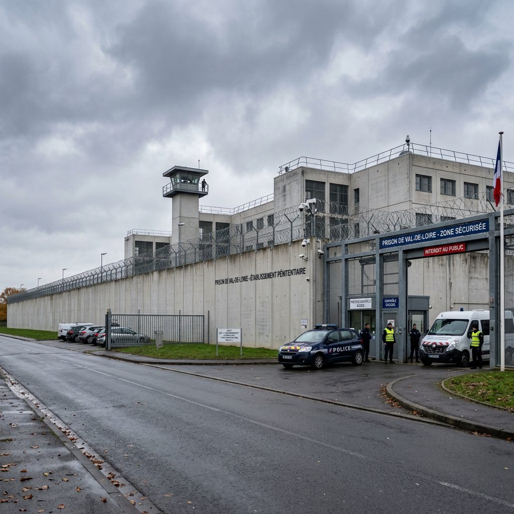 Val-de-Loire Prison secured entrance with police vehicles and officers